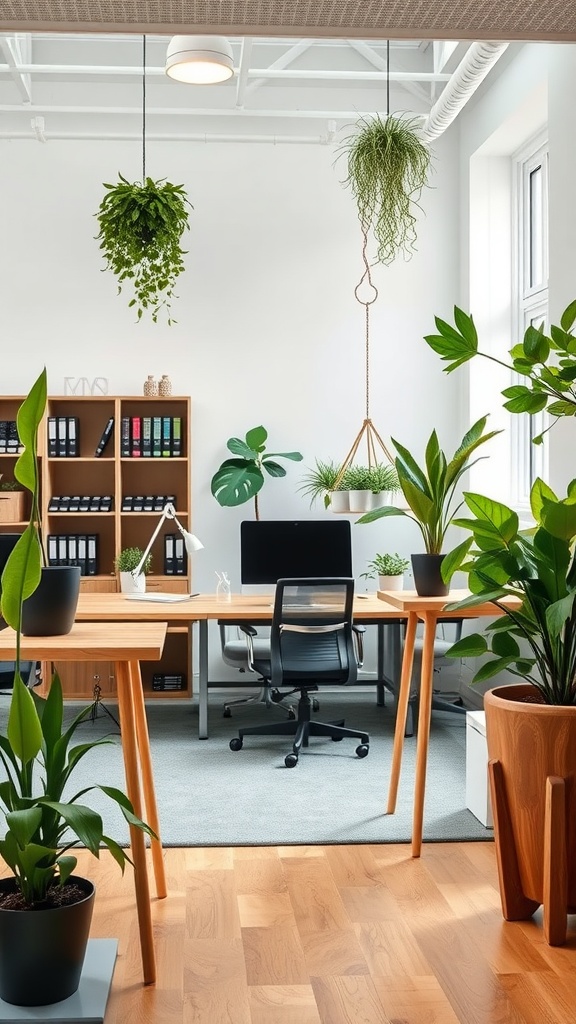 Bright modern office with hanging plants and wooden furniture