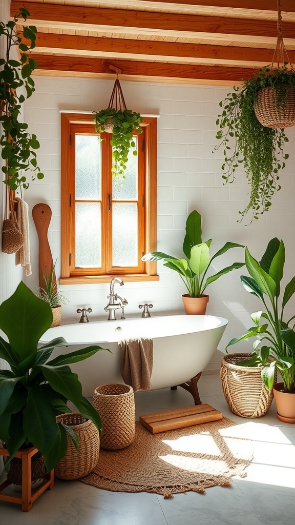 A cozy Boho bathroom with a freestanding bathtub, plants, and natural wood elements