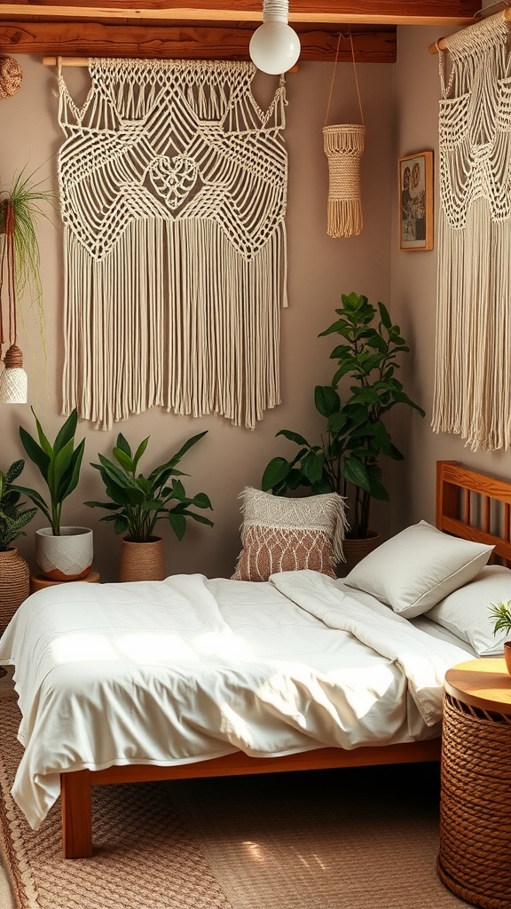 A cozy boho bedroom with macramé wall hangings, plants, and a wooden bed.