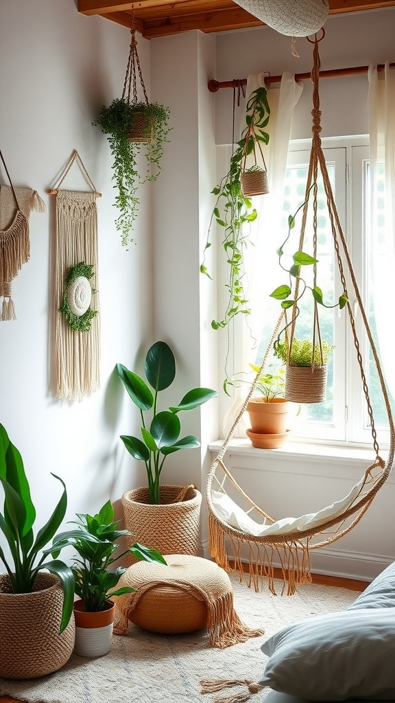 A cozy nature-inspired boho nook featuring a swing chair, hanging plants, and woven decor.