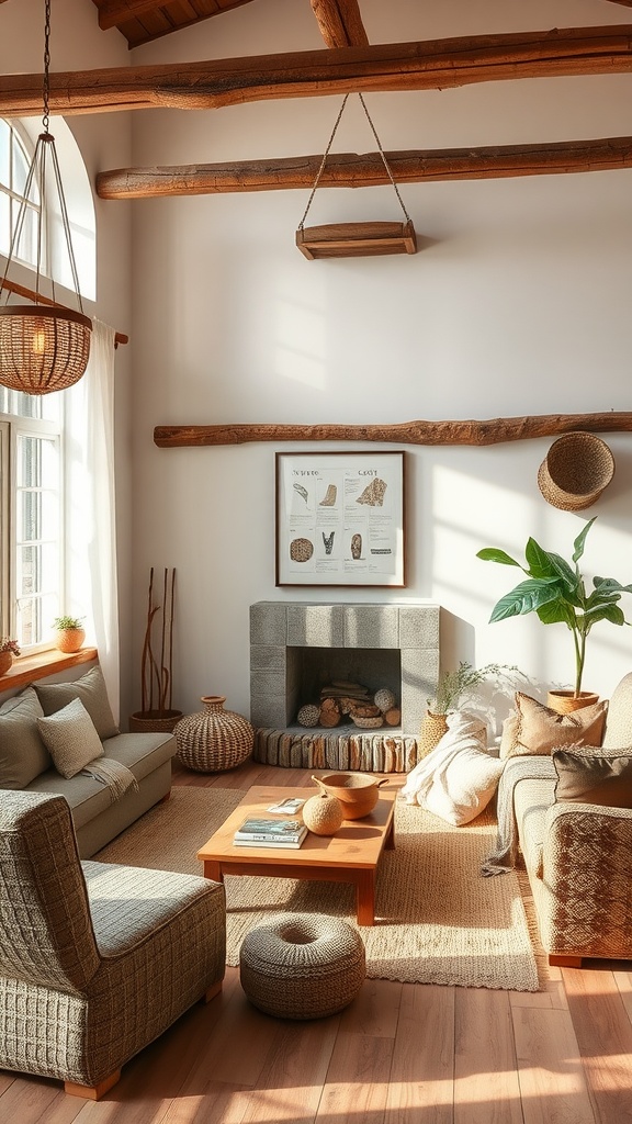 Cozy living room with wooden beams, natural materials, and plants, showcasing a nature-inspired color palette.