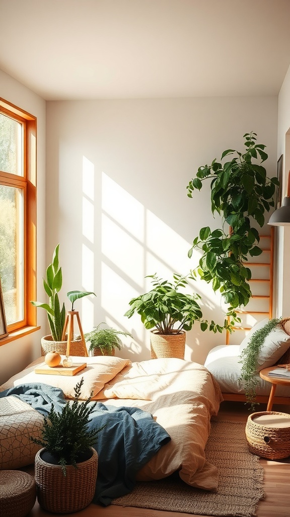 Cozy bedroom with plants, natural light, and neutral decor