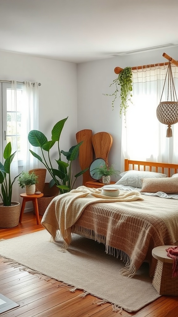 Cozy boho bedroom with plants, wooden furniture, and soft textures.