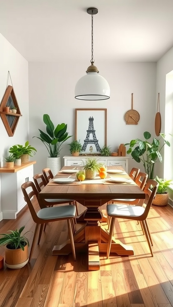 A sunlit modern farmhouse dining room featuring a wooden table with houseplants and simple decor.