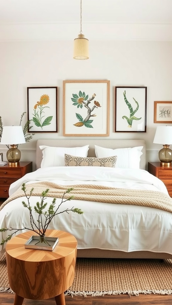 A cozy master bedroom featuring nature-inspired decor with botanical artwork, wooden furniture, and a small plant.