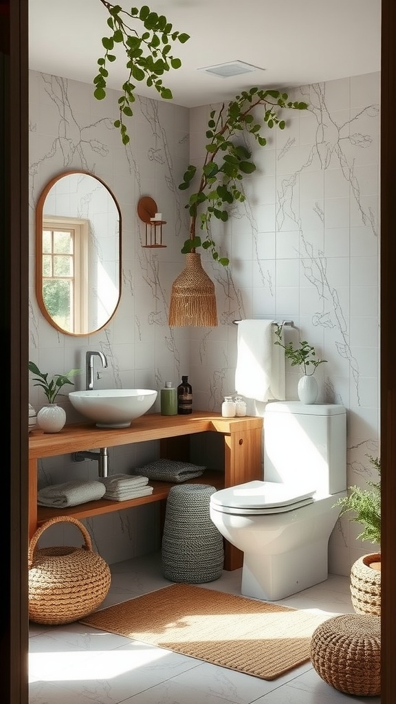 A serene bathroom with natural decor elements, featuring wooden furniture, plants, and soft lighting.