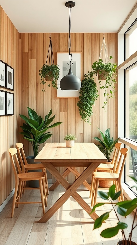 A compact dining nook with wooden walls, a wooden table and chairs, and hanging plants.