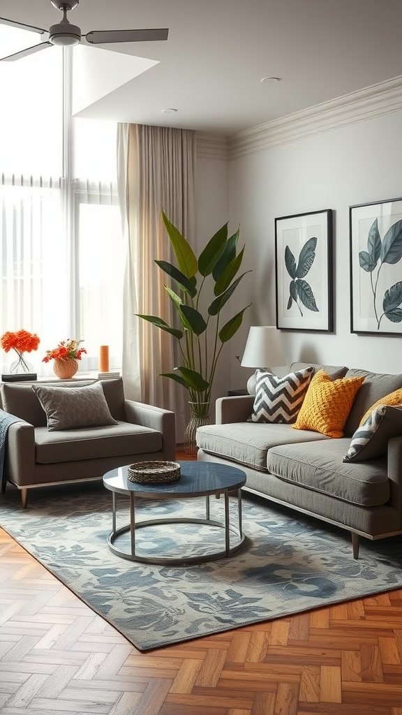 A stylish living room featuring nature-inspired elements with green plants, large windows, and a mix of Art Deco and contemporary design.