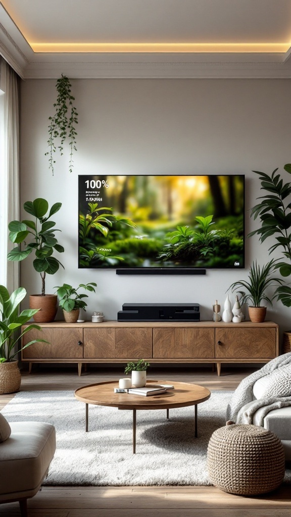 A living room with a modern luxury TV wall design featuring greenery and natural elements.