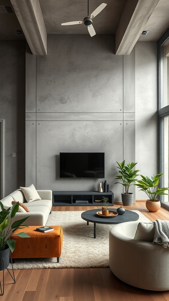 A modern living room featuring concrete walls and wooden flooring, complemented by plants and plush furniture.
