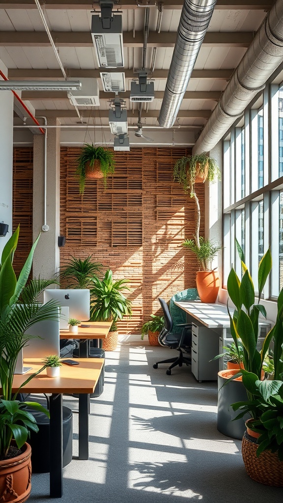 A modern office layout featuring large windows, natural light, and various indoor plants.