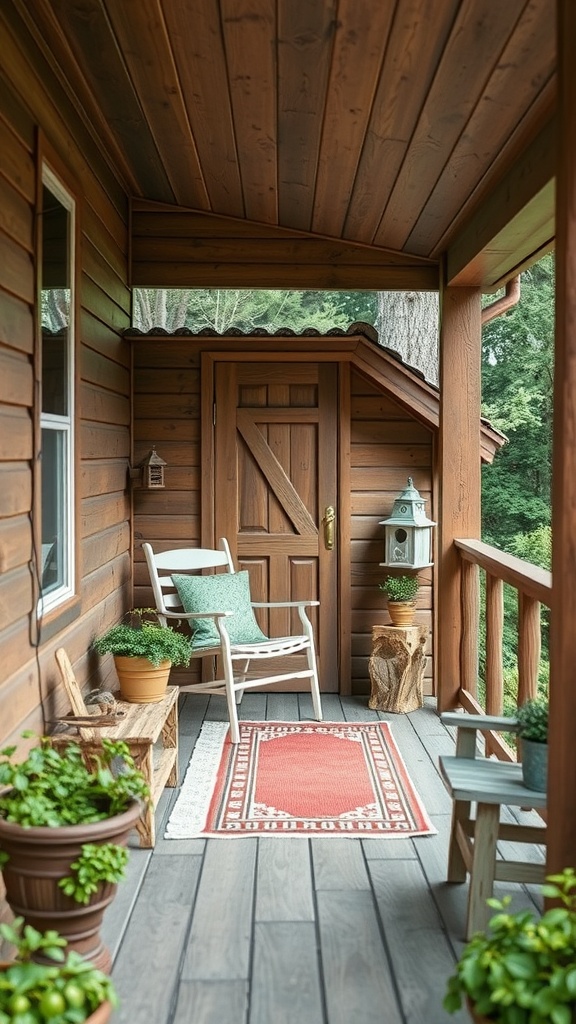 A cozy wooden porch with potted plants, a rustic bench, and a welcoming entrance.