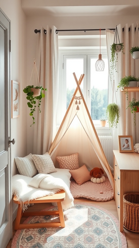 Cozy nature-inspired nook with a teepee, cushions, and plants