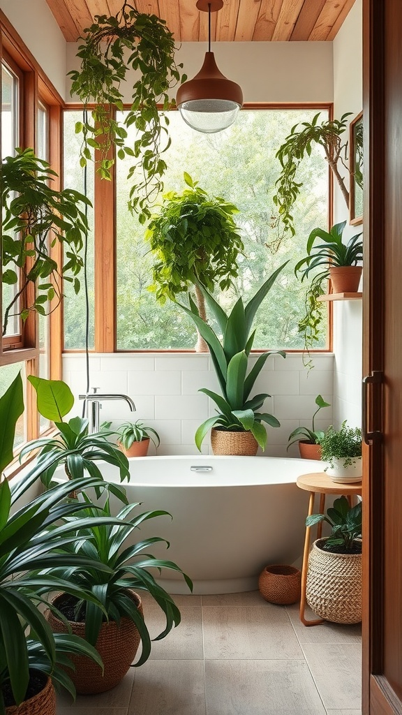 A nature-inspired bathroom featuring large windows, a modern tub surrounded by greenery, and a warm wooden ceiling.