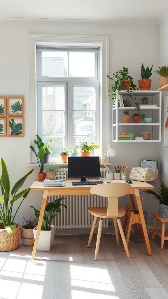 Bright office space with a wooden desk, computer, and many plants adorning the room.