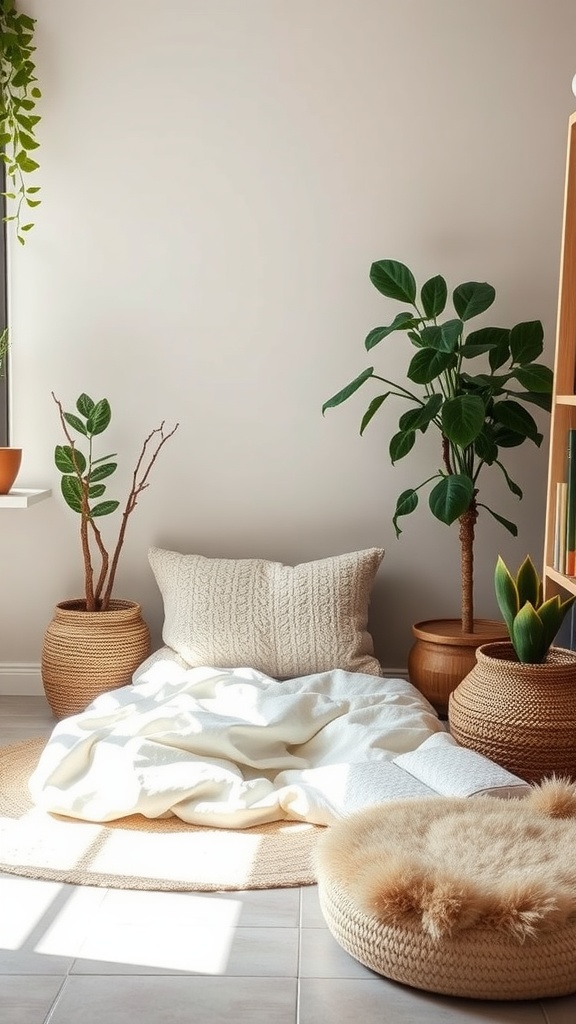 A cozy reading corner with a blanket and pillows surrounded by plants and natural textures