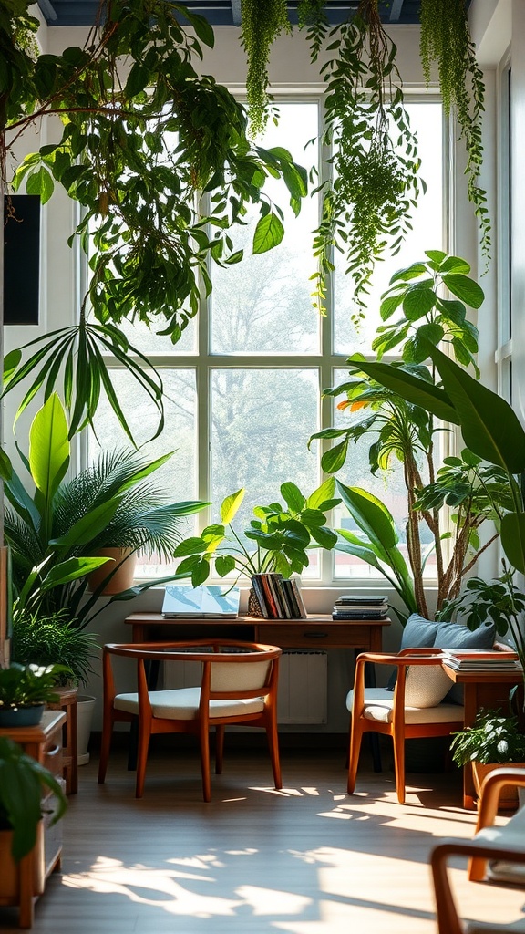 Cozy reading space with plants and natural light