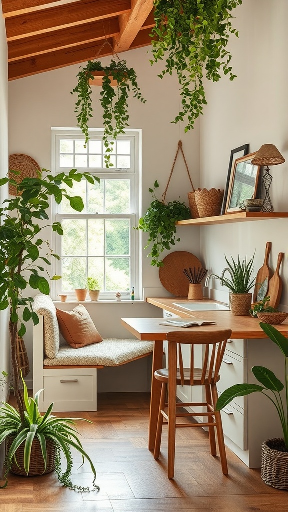 Cozy kitchen nook with plants, natural wood features, and a comfortable seating area.