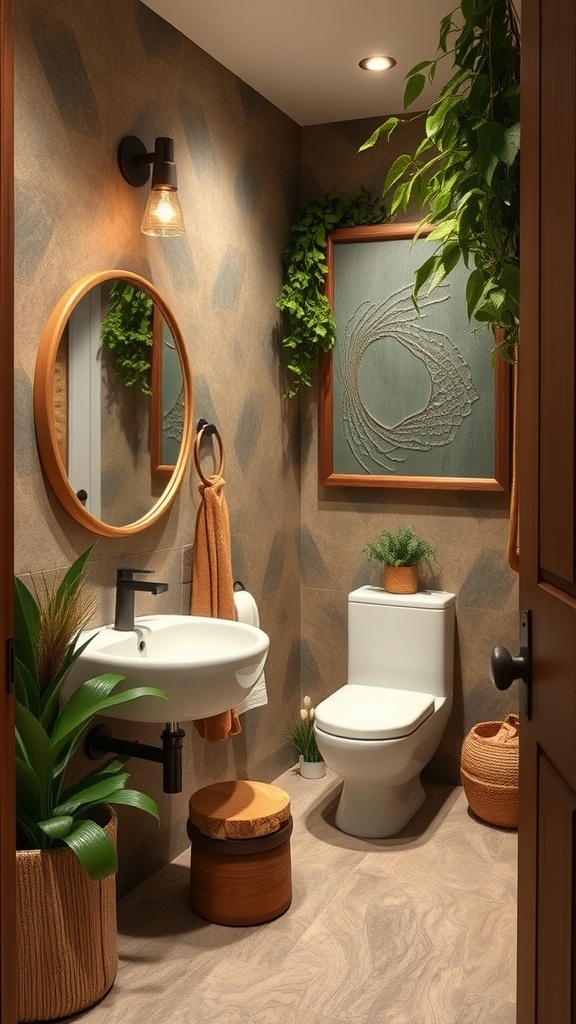 A nature-inspired guest bathroom featuring earthy tones, plants, and natural textures.