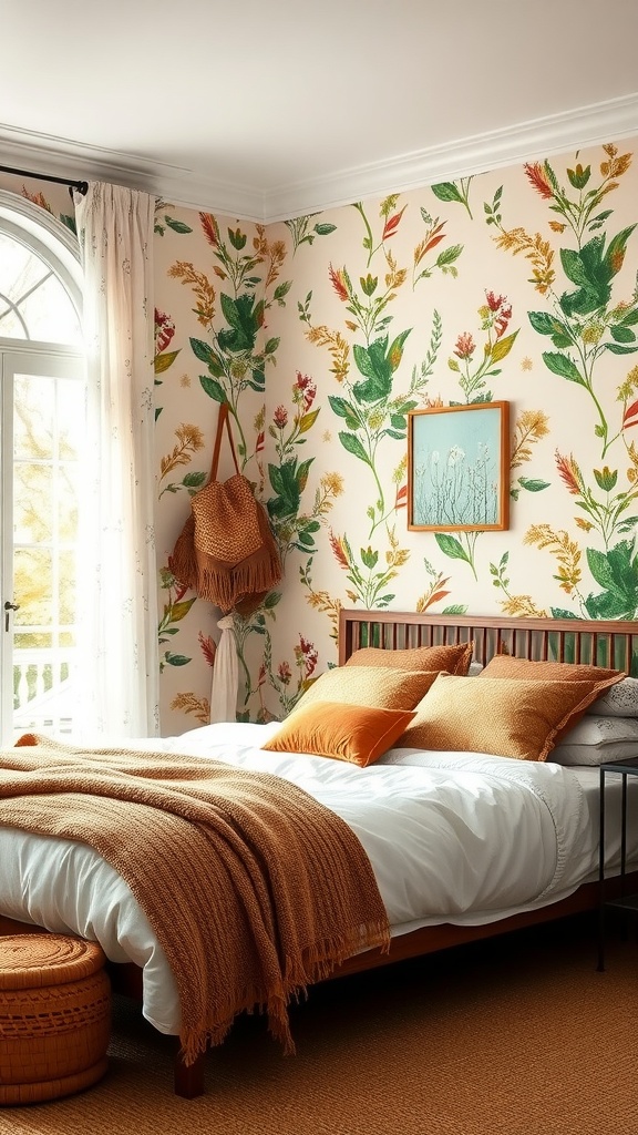 A cozy bedroom featuring nature-inspired wallpaper with floral patterns, warm bedding, and natural decor elements.