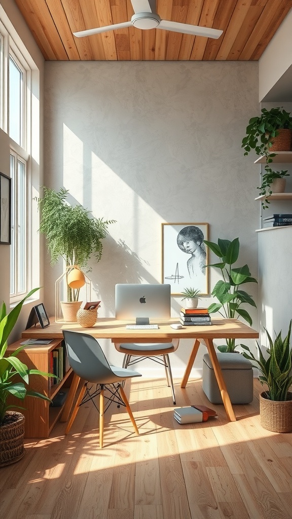 A bright and airy home office with wood elements and plants, featuring a wooden ceiling and a modern desk.