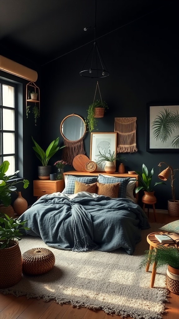 A cozy black boho bedroom featuring plants, a dark color palette, and natural textures.