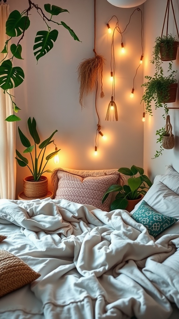 Cozy boho bedroom corner with plants, warm lighting, and soft bedding