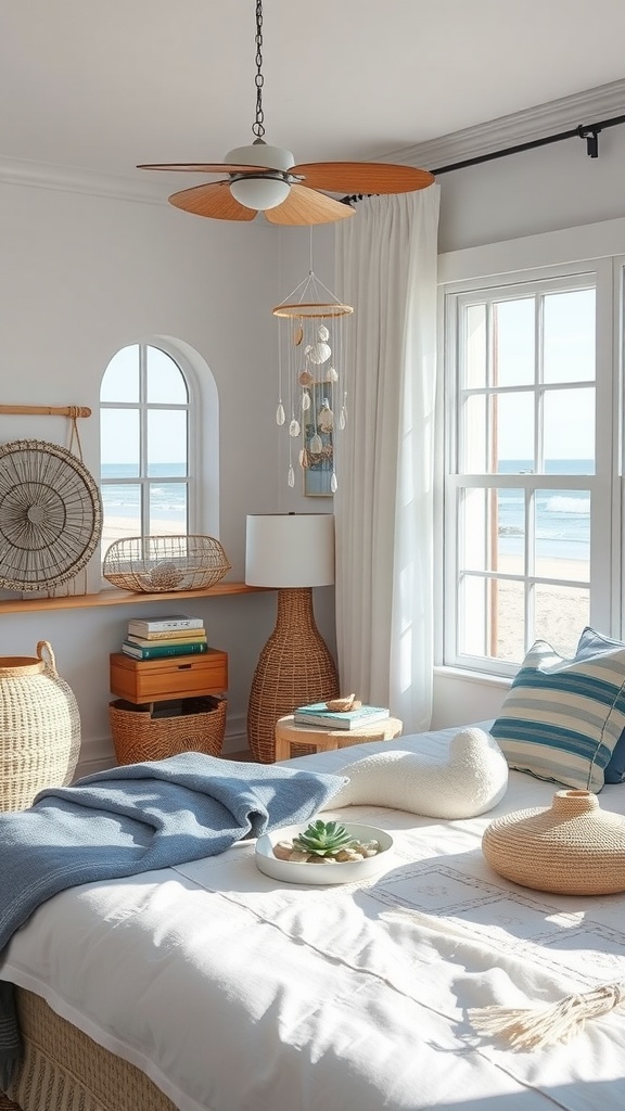 A bright coastal bedroom with a bed, woven decor, and ocean views.