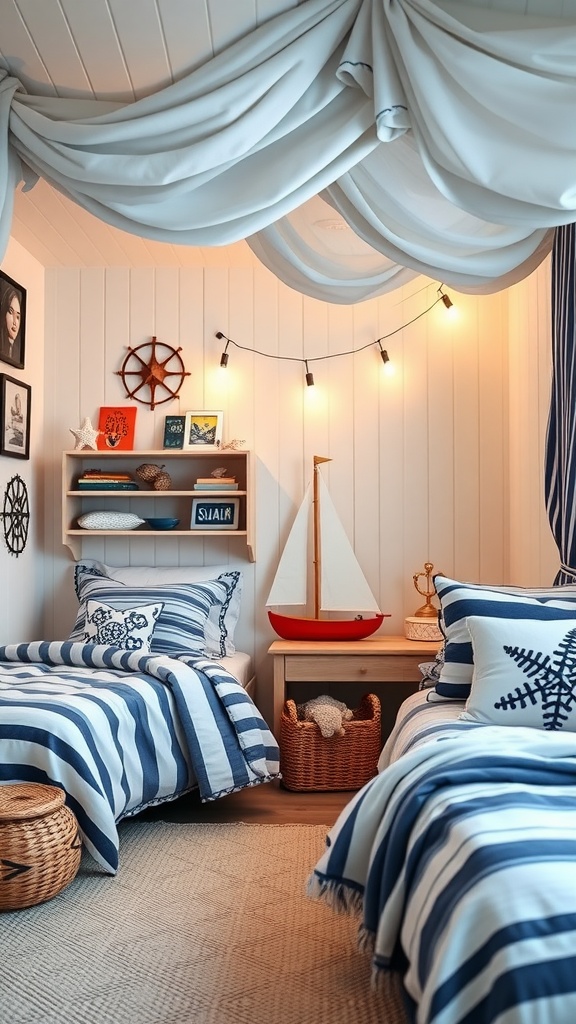 A nautical themed kids bedroom with striped bedding and soft lighting.