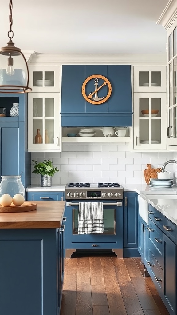 A bright nautical themed kitchen featuring blue and white cabinets with an anchor decoration.