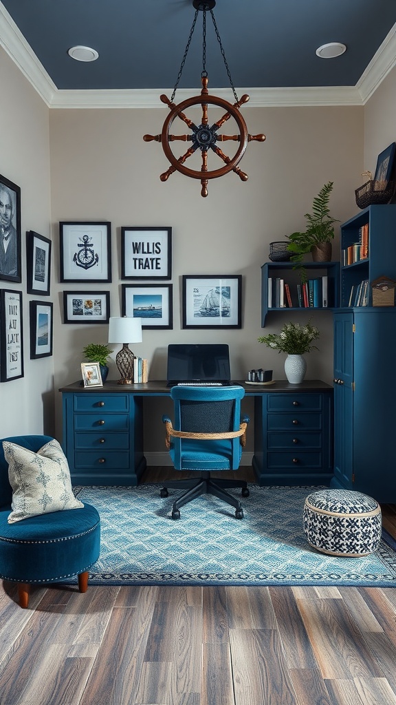 A masculine home office with nautical theme featuring blue hues, ship's wheel light fixture, and cozy decor.