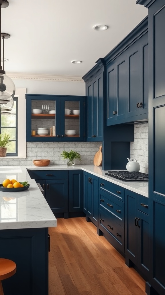 Navy blue cabinets in a U-shaped kitchen with marble countertops and wooden flooring.