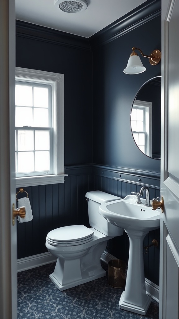 A small bathroom painted in navy blue with white fixtures and brass accents.