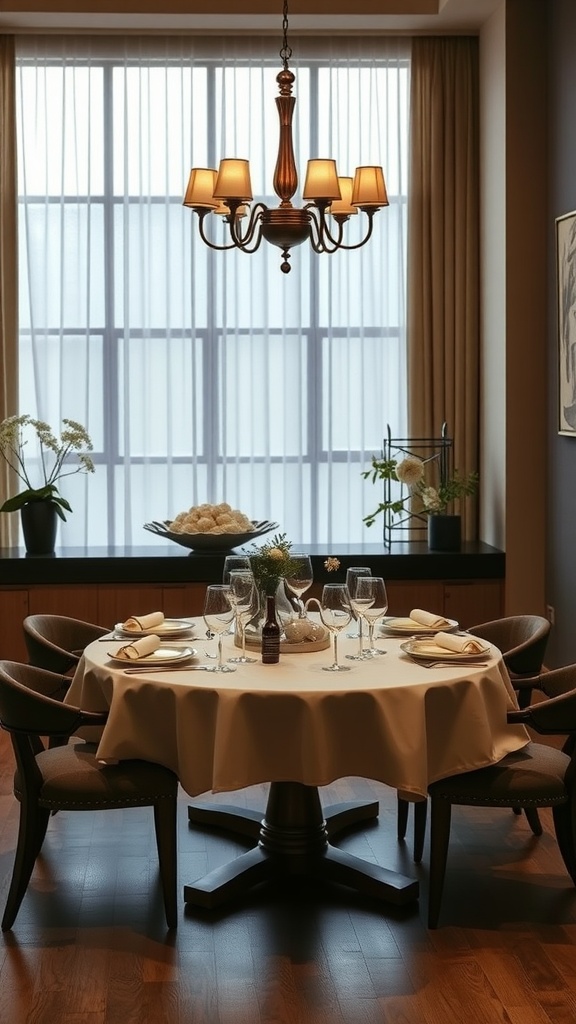 A beautifully set dining table under a chandelier, with soft lighting and elegant decor.