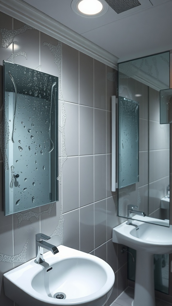 A modern bathroom with water droplets on mirrors, illustrating the need for proper ventilation.