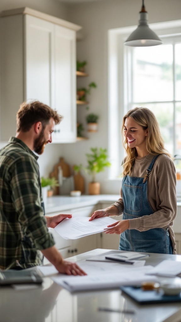 A woman in a safety vest discussing kitchen renovation plans with a contractor in a modern kitchen.