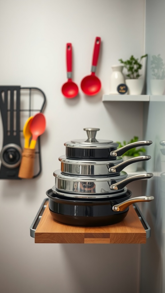 Nesting cookware stacked neatly on a wooden shelf in a small kitchen setting.