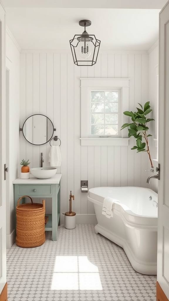 A bright farmhouse bathroom featuring neutral tones, a freestanding tub, a small sink with a green cabinet, and natural decorations.