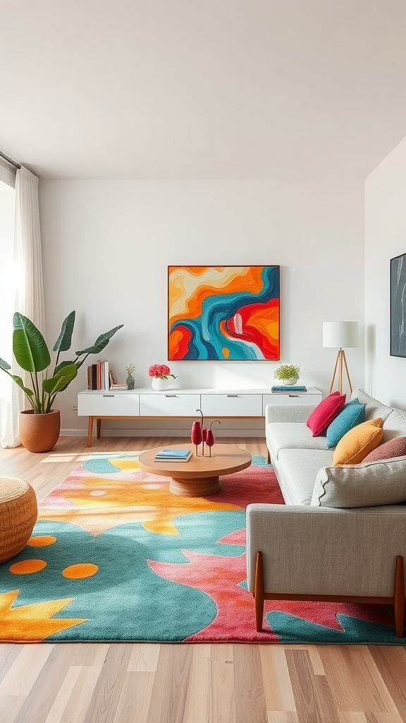 A cozy living room featuring a gray sofa, colorful rug, and bright artwork.