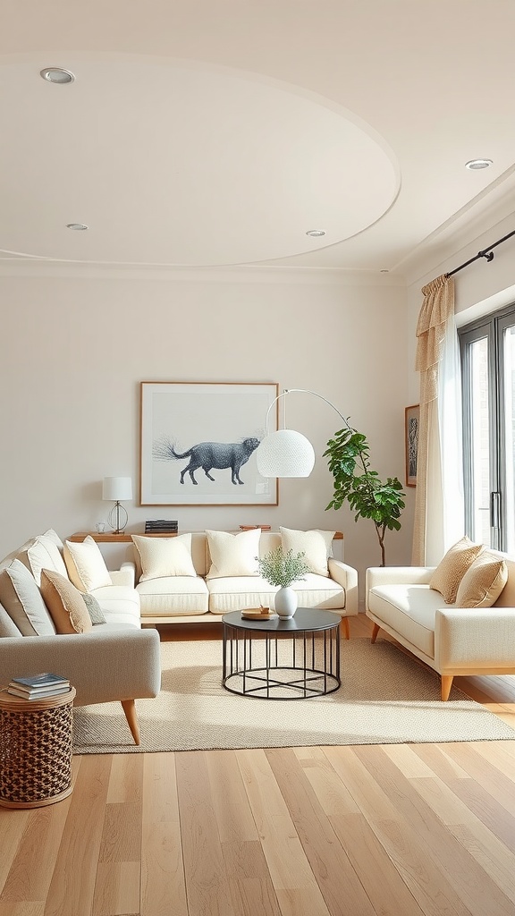 A living room with neutral color tones, featuring light furniture, wooden floors, and indoor plants.