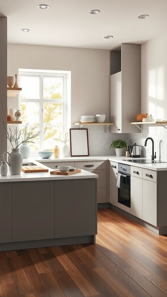 A neutral color U-shaped kitchen featuring light gray cabinets, wooden flooring, and open shelving.