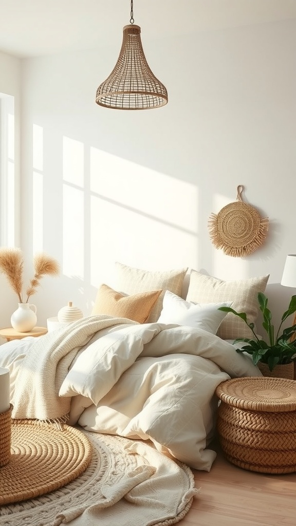 A serene bedroom with neutral tones, layered bedding, and natural decor elements.