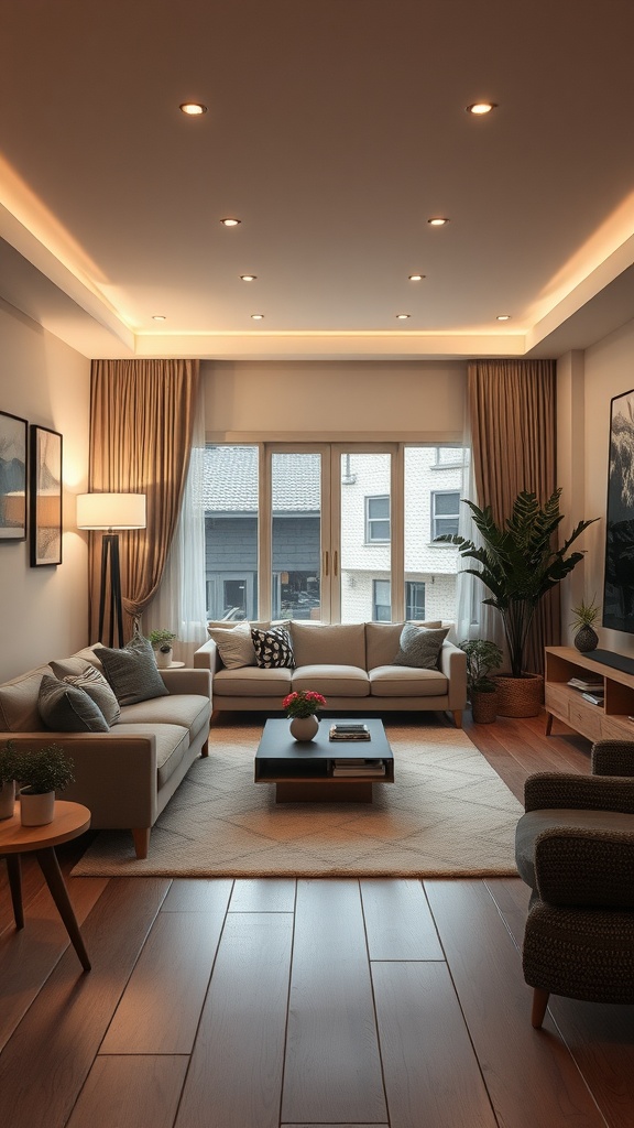 Living room with neutral palette and ambient lighting, featuring soft colors and warm lighting.