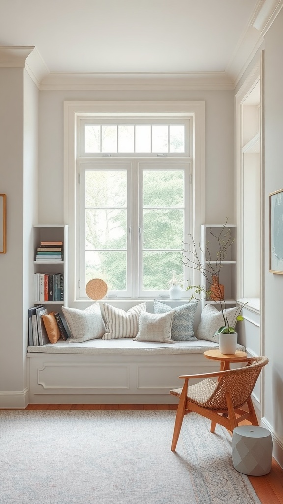 A neutral palette library featuring a calm window seat with cushions and bookshelves.