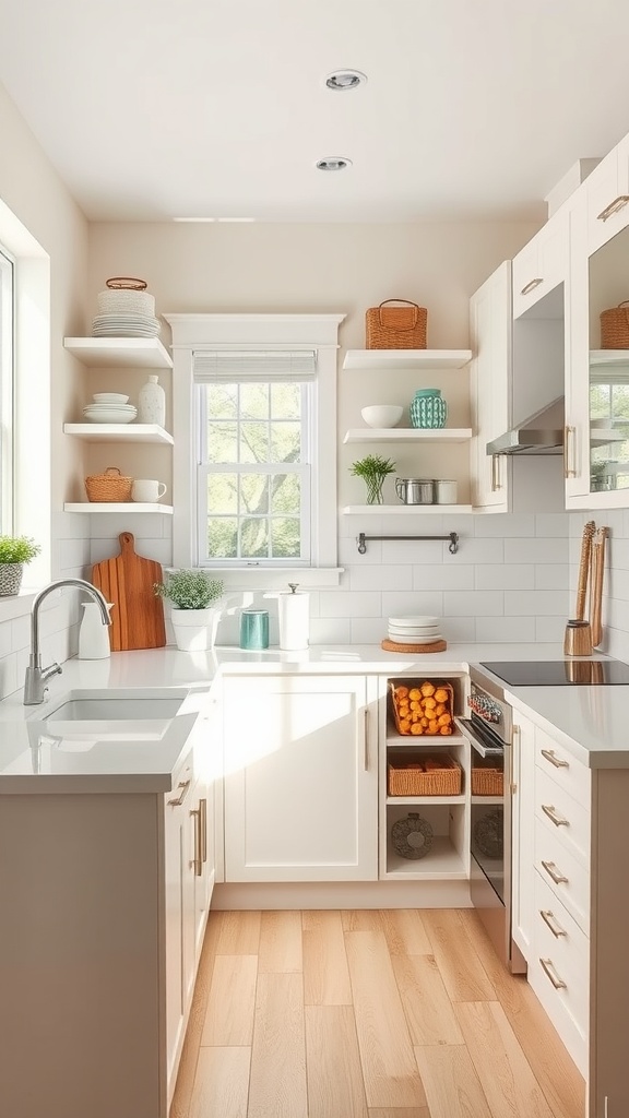 Small kitchen with neutral colors, open shelving, and natural light