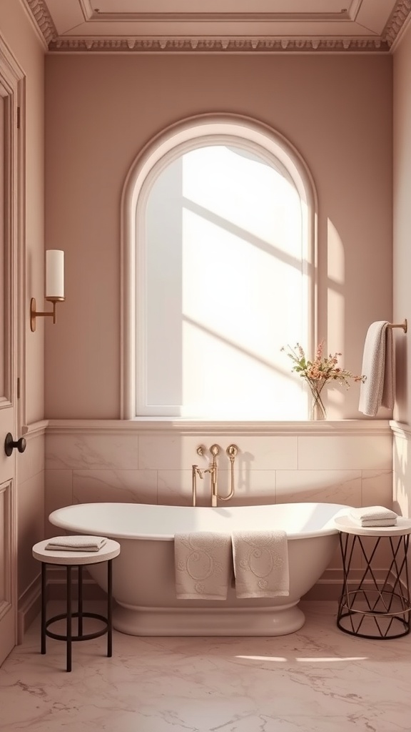 A serene bathroom featuring taupe walls and blush accents, with a freestanding bathtub, gold fixtures, and soft natural light.