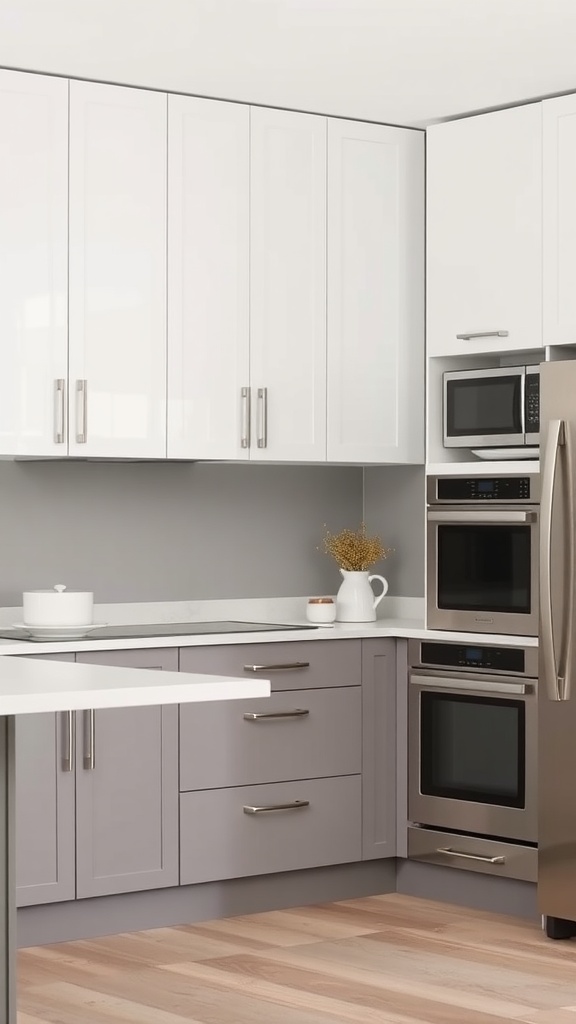 A modern kitchen with taupe lower cabinets and white upper cabinets, featuring stainless steel appliances and wooden flooring.