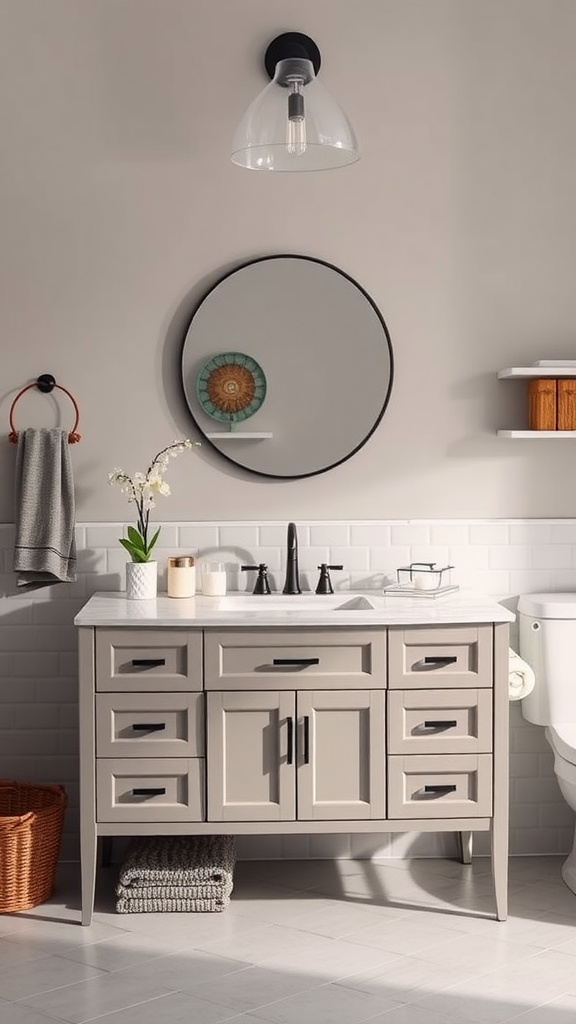 A stylish bathroom featuring a taupe vanity with a marble countertop, a circular mirror, and modern light fixtures.