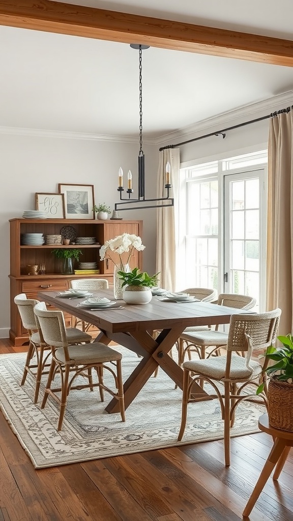 Modern farmhouse dining room featuring a wooden table, neutral tones, and natural textures.