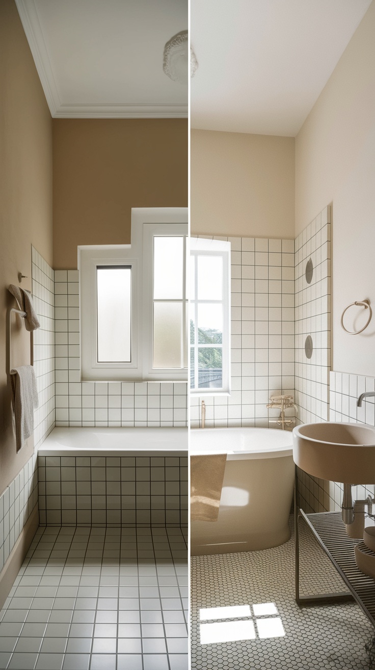 Before and after photo of a bathroom makeover emphasizing neutral tones and textures.